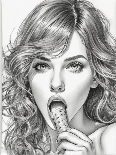 licking,labios,pencil art,woman with ice-cream,pencil drawings,woman eating apple,Illustration,Black and White,Black and White 30