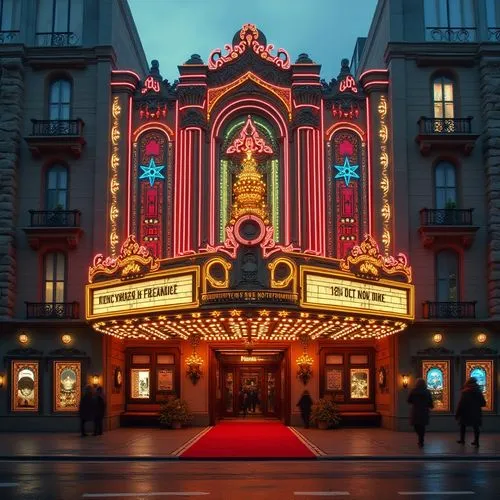 Vibrant cinema facade, eclectic architectural style, ornate details, intricate carvings, grand entrance, red carpet, golden accents, luxurious chandeliers, opulent decorations, velvet curtains, cinema