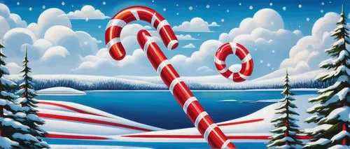 Colorful candy cane tower, striped red and white stripes, swirling clouds around, bright blue sky, sun shining down, sparkles on the surface, glossy finish, rounded shape, towering high, festive atmos