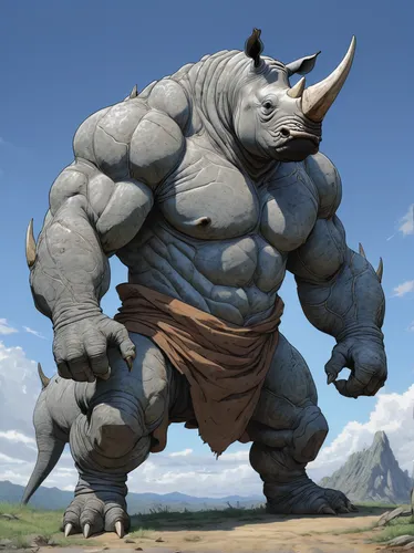 rhino,mountain cow,armored animal,uintatherium,boar,minotaur,tribal bull,rhinoceros,bison,triceratops,oxpecker,butomus,ox,gigantic,cynorhodon,moraine,brute,bull,fuel-bowser,bordafjordur,Illustration,Realistic Fantasy,Realistic Fantasy 12