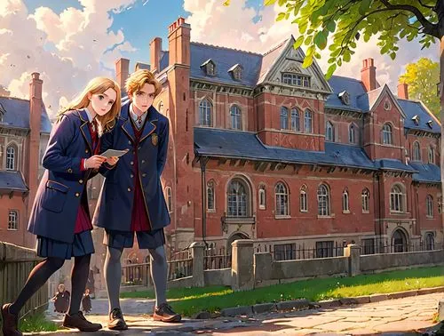 Englische Jugend,two anime characters standing near a building with trees,ermione,simione,violet evergarden,baudelaires,hogwarts,weasleys,Anime,Anime,General