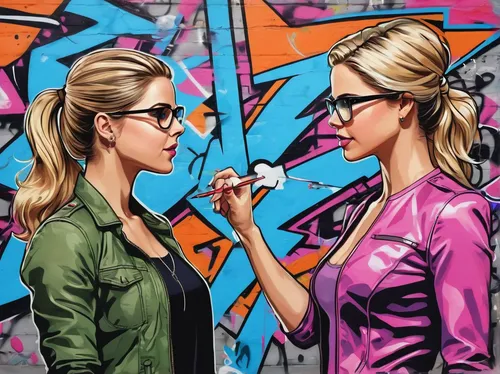 Craft a heartwarming friendship between Felicity Smoak and a sentient AI.,graffiti art,street artists,graffiti,street artist,cool pop art,wpap,painting technique,pop art style,pop art people,modern po