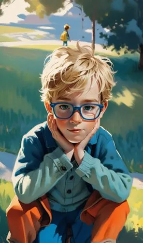 a 4 years old boy,a painting of a  sitting outside,berwald,arthur,finnian,kids illustration,children's background,tweek,Illustration,Vector,Vector 08