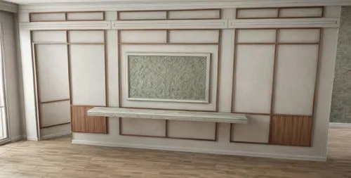 muro revestido en madera con molduras decorativas,, paneles superiores con rendija para salida de aire acondicionado, cuadro central y mesón de piedra de mármol verde uvatuba,,,color de todo la madera