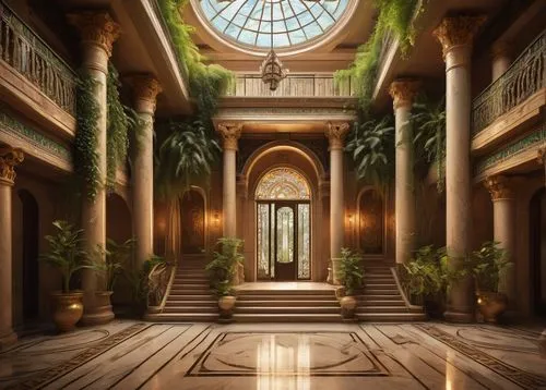 theed,riad,the threshold of the house,corridors,entranceways,neoclassical,hall of the fallen,cochere,doorways,art deco background,conservatory,naboo,marble palace,hallway,atriums,citadels,archways,neoclassic,art deco,dorne,Illustration,Realistic Fantasy,Realistic Fantasy 12