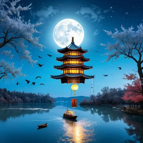 oriental lantern,mid-autumn festival,lanterns,moonlit night,fantasy picture,asian architecture,japon,wolong,oriental,full moon,qingcheng,chuseok,oriental painting,hanging moon,landscape background,japanese lantern,beautiful japan,lantern,world digital painting,qinqin,Unique,Design,Blueprint