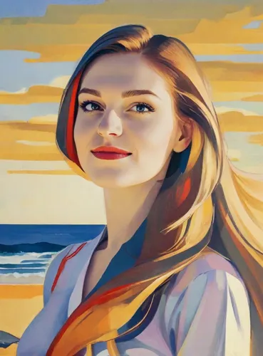 Portrait of a young woman with long flowing hair against the background of a sea sunset in sunny weather. Made in the style of rich oil painting.,beach background,oil painting,oil painting on canvas,p