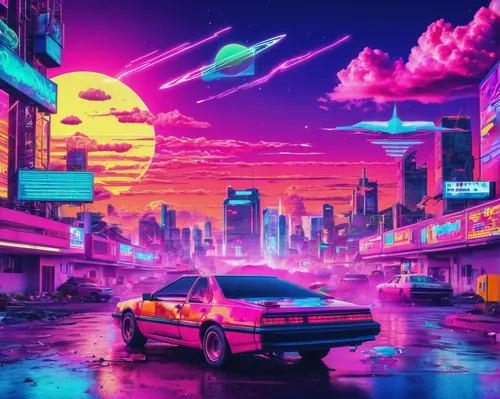 80s,80's design,retro background,3d car wallpaper,toyota ae85,neon arrows,cyberpunk,electric,colorful city,miami,btc,futuristic,vapor,futuristic landscape,neon,elektrocar,1980's,retro music,aesthetic,would a background,Conceptual Art,Sci-Fi,Sci-Fi 28