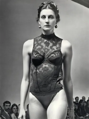 A single Mum on the catwalk, presenting underwear,a woman wearing lingerie and stockings on the catwalk,blumenfeld,doisneau,schiaparelli,avedon,brassai,veruschka,kawakubo,gaultier,female model,vionnet