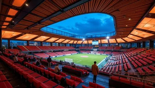 Vibrant stadium interior, fusion architecture, bold color scheme, dynamic LED lights, energetic atmosphere, sleek modern seating, polished metal railings, rich wood accents, abstract geometric pattern