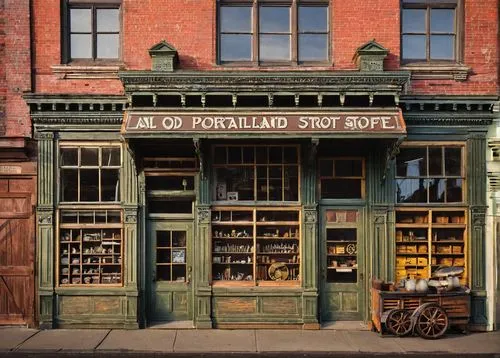 Old Portland hardware store, Architectural landmark, Southeast Tacoma Street, Portland, OR, 1920s brick building, ornate facade, worn wooden signs, rusty metal lanterns, vintage tools, antique machine