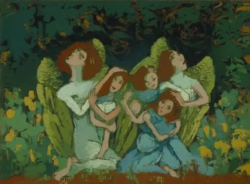 a painting of a group of angels in the middle of a field,rhinemaidens,kate greenaway,happy children playing in the forest,foundresses,mother with children,quartette,Art,Classical Oil Painting,Classica