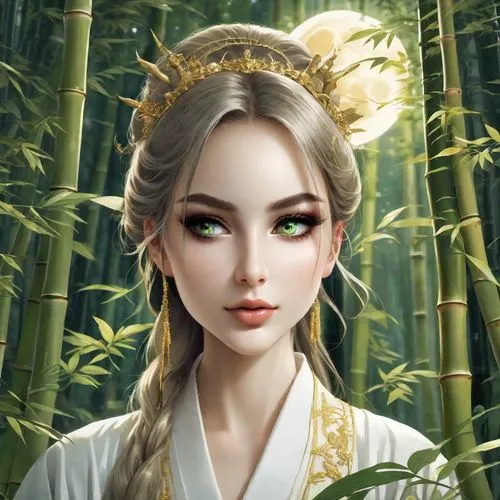 oriental princess,oriental girl,fantasy portrait,geisha,chinese art,jasmine blossom,junshan yinzhen,geisha girl,oriental,bamboo,oriental painting,portrait background,wuchang,bamboo flute,mystical portrait of a girl,white blossom,bamboo forest,vietnamese woman,golden lotus flowers,dongfang meiren,Photography,Natural