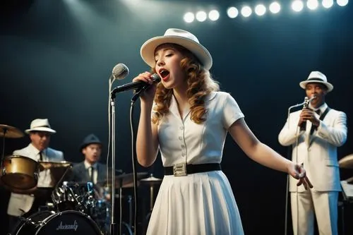 Young girl in white costume and fedora; singing jazz; jazz band on background,panama hat,freedonia,orkestar,bastarnae,dexys,swingtown,blues and jazz singer,dixieland,selecter,jazz singer,hooverphonic,