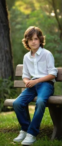 Young Keirth Morrison, handsome boy, 10-12 years old, messy brown hair, bright blue eyes, freckles on nose, gentle smile, white casual shirt, dark blue jeans, sneakers, sitting on a wooden bench, in a