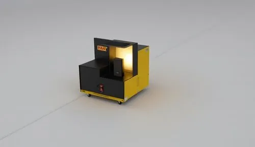 a machine with a red on that can be opened,pentaprism,illuminated lantern,kapton,solar battery,yellow light,cubesat,portable light,attenuator,voxel,petrol lighter,extruder,kilovolt,3d model,cuboid,dig