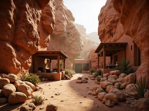 Rugged canyon terrain, rusty red rock formations, sandy stone walls, earthy adobe architecture, natural stonework, wooden beam ceilings, distressed wood accents, woven fiber textiles, rough-hewn bould