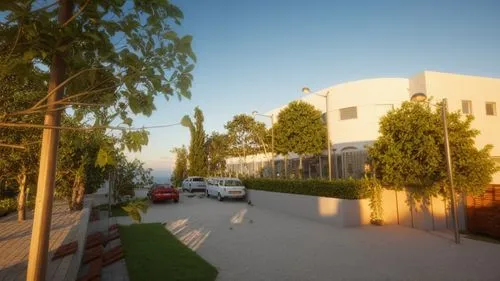 the car park on a sidewalk next to a house,masseria,technion,champalimaud,campus,biotechnology research institute,khouribga,Photography,General,Realistic