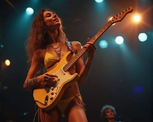 (High quality image, HD clarity) (High quality image, HD clarity) Beautiful woman with a good figure, wearing a yellow bikini, standing and playing an electric guitar on a stage, with beautiful spotli