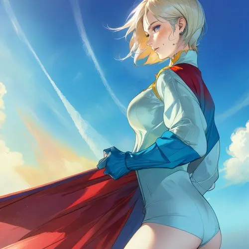 a woman standing in the sun with her cape around her shoulders,supergirl,captain marvel,fionna,darjeeling,zeta,claymore,kara,diana,fullmetal,super heroine,falke,superwoman,kamille,mordred,goddess of j