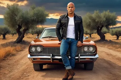 Dom Toretto Italian, mature man, rugged face, strong jawline, piercing brown eyes, messy black hair, thick eyebrows, leather jacket, white shirt, dark blue jeans, black boots, standing, leaning agains