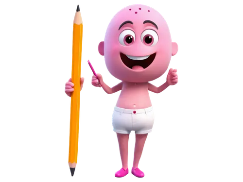 Cartoon penis character, smiling face, big round eyes, pink skin, small legs, white underwear, colorful buttons, holding a pencil, creative pose, vibrant colors, soft shading, 3D rendering, humorous e