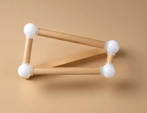 realistic wood sticks connected by white resin nodes with wood background 
keep original structure and a a side view of a laptop on top of it 

,three pegs in the shape of triangles with light on each