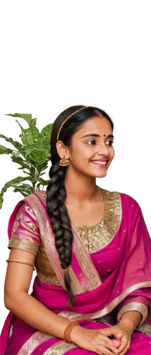 Indian girl, traditional dress, bindi on forehead, dark brown hair, braided hairstyle, elegant nose ring, bright smile, golden earrings, colorful saree, embroidered blouse, bare feet, sitting cross-le