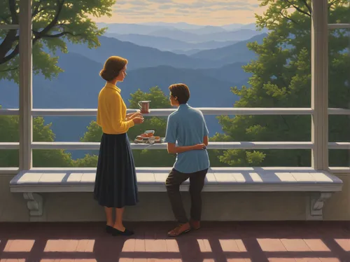 overlook,young couple,romantic scene,church painting,blue ridge mountains,idyll,summer evening,romantic portrait,viewpoint,window sill,mountain view,the evening light,girl and boy outdoor,summer day,one autumn afternoon,bedroom window,window view,viewing,idyllic,distant vision,Art,Artistic Painting,Artistic Painting 48