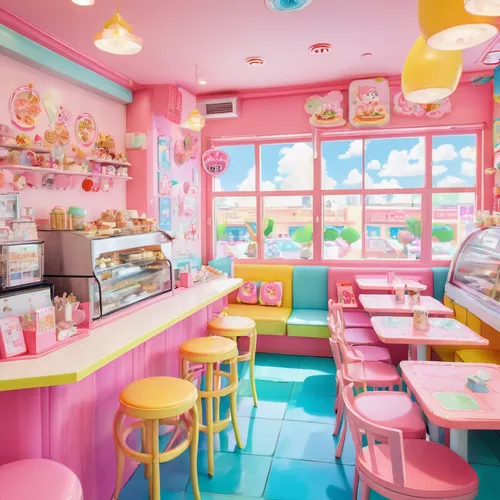 ice cream shop,ice cream parlor,retro diner,soda shop,kawaii ice cream,watercolor cafe,cake shop,doll kitchen,ice cream stand,pastry shop,kawaii foods,candy bar,soda fountain,soft pastel,pastel,bakery,ice cream icons,cupcake background,donut illustration,tearoom,Illustration,Japanese style,Japanese Style 02