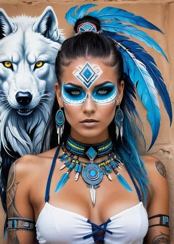 woman grey head  in a desert. Her eyes are filled with intense focus as she strolls with her loyal beauty of a white werewolf ,  capturing the world of reality and technology. This transformation is c