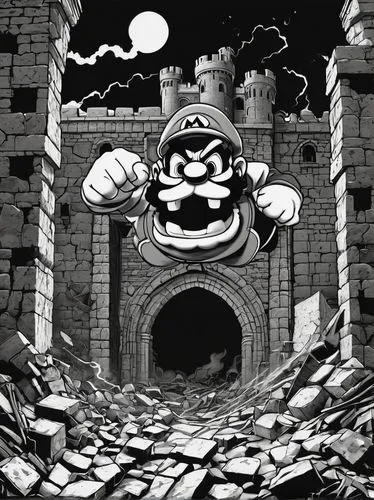 wario,warioware,super mario brothers,earthbound,bowser,mario,koopa,mario bros,toad,marios,inkwell,platforming,spelunker,minit,platformer,ghost castle,dedede,ancient ruins,smw,woodring,Illustration,Black and White,Black and White 24