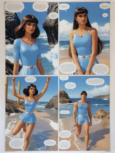 Become part of our adventurous comic page and experience the exciting story! With English text in boxes, speech and thought bubbles.,a comic strip shows the stages of a woman,sherine,tearsheet,beach b