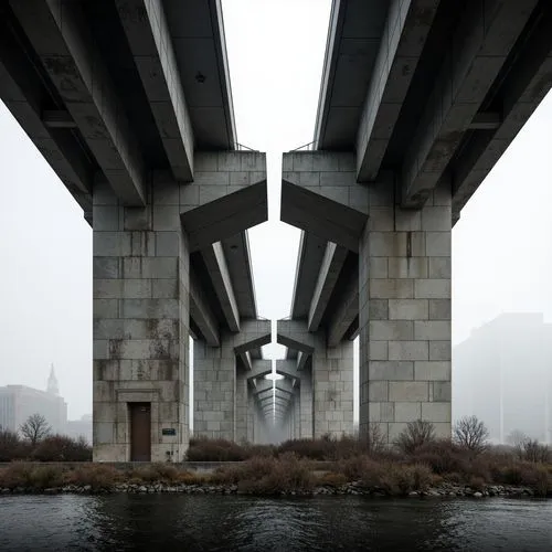 Rugged brutalist bridge, reinforced concrete structure, angular forms, raw textures, industrial aesthetic, urban landscape, misty atmosphere, dramatic lighting, low-angle shot, symmetrical composition