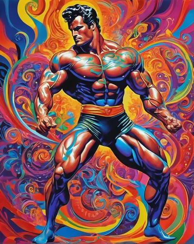 80s,macho,muscle man,psychedelic art,superman,steel man,santana,michelangelo,poseidon,om,he-man,brahma,kung fu,atom,disco,1980's,lucha libre,1982,wrestler,muscle icon,Illustration,Realistic Fantasy,Realistic Fantasy 39