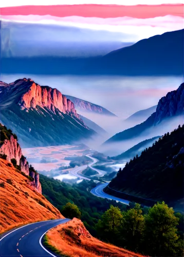 mountain highway,mountain road,mountain pass,landscape background,mountain landscape,mountain scene,mountainous landscape,futuristic landscape,purple landscape,alpine landscape,alpine drive,pikes peak highway,crayon background,canyons,panoramic landscape,mountain sunrise,pyrenees,fantasy landscape,the landscape of the mountains,3d car wallpaper,Art,Classical Oil Painting,Classical Oil Painting 17