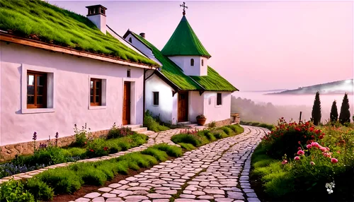 Rural homestead, traditional farmhouse, white walls, wooden door, green roof, smoking chimney, flower garden, stone path, morning mist, warm sunlight, 3/4 composition, shallow depth of field, soft foc