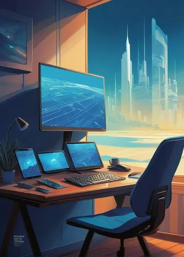 futuristic landscape,cybertown,cyberport,computer room,cybercity,working space,sci fiction illustration,computer workstation,cyberscene,modern office,cybersquatters,schuitema,workstations,schuiten,megacorporation,computable,cyberworld,cybertrader,desktops,cyberview,Conceptual Art,Oil color,Oil Color 04