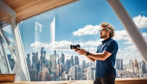 Architecture photography course, professional photographer, male instructor, 30s, messy hair, glasses, casual wear, holding camera, standing in front of modern skyscraper, urban cityscape, blue sky wi