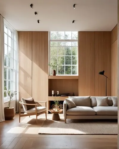 an open living room with wooden wall panels,minotti,vitra,anastassiades,modern minimalist lounge,mahdavi,contemporary decor,Photography,General,Realistic