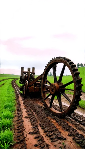 Rural scenery, old plough, rusty metal, wooden handles, worn-out wheels, muddy terrain, green fields, cloudy sky, afternoon sunlight, low-angle shot, cinematic composition, warm color tone, shallow de