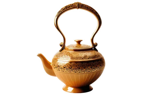 Golden pottery, ornate designs, curved handle, shiny surface, reflective material, intricate patterns, ancient style, warm color tone, soft lighting, 3/4 composition, close-up shot, transparent backgr