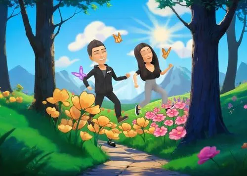 romantic scene,game illustration,cartoon flowers,flower background,cute cartoon image,eloping,springtime background,girl and boy outdoor,elopement,aterciopelados,wedding invitation,serenata,payden,unwedded,floral greeting,flower delivery,picking flowers,serenade,proposal,falling flowers