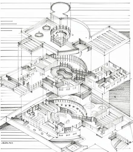 a drawing of a building that has stairs,archigram,architect plan,arcology,schematics,adolfsson,cutaways,Design Sketch,Design Sketch,Pencil Line Art