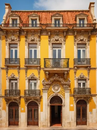 Historic Portuguese architecture, ornate Manueline style, intricate stone carvings, grandiose entrance, symmetrical facade, bright yellow walls, red terracotta roof tiles, white wooden window frames, 