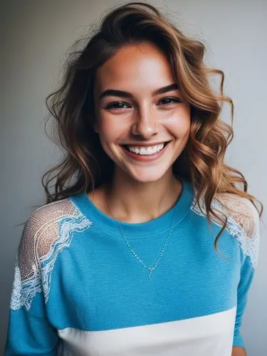 The most enchanting smile I've ever seen.,young woman smiling while wearing a blue and white dress,sonrisa,hazelius,kenzie,ostapenko,kiernan,a girl's smile