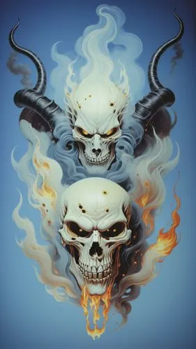 ghost, eyes fire, angry man skull, animal horns, black smok, black vs white,two skulls with horns on fire against a blue background,firewind,skull mask,garrison,skulls,fire devil,ghostriders,Illustrat