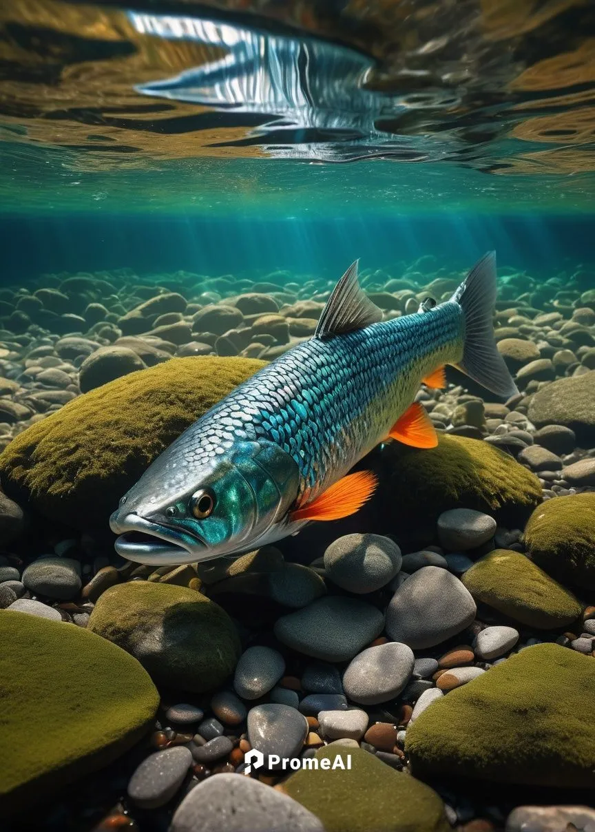 Freshwater river, clear turquoise water, ai salmon, swimming upstream, shiny silver scales, orange fins, detailed eyes, flowing water movement, rocks, pebbles, aquatic plants, sunlight filtering throu