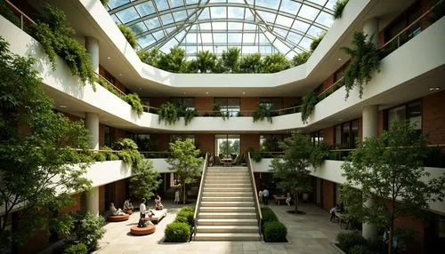 Vibrant green library, curved rooflines, lush vegetation, living walls, solar panels, rainwater harvesting systems, natural stone cladding, wooden accents, large skylights, clerestory windows, open at