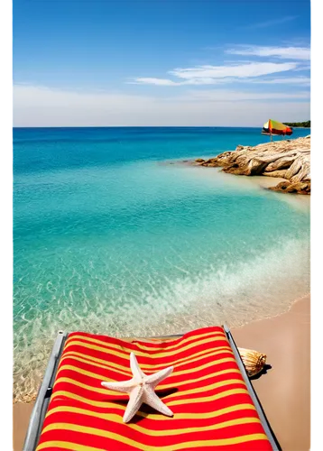 Seaside beach, sunny day, clear blue sky, white fluffy clouds, soft golden sand, calm turquoise water, waves gently lapping at shore, beach umbrella, sunbeds, colorful towels, seashells, starfish, dri